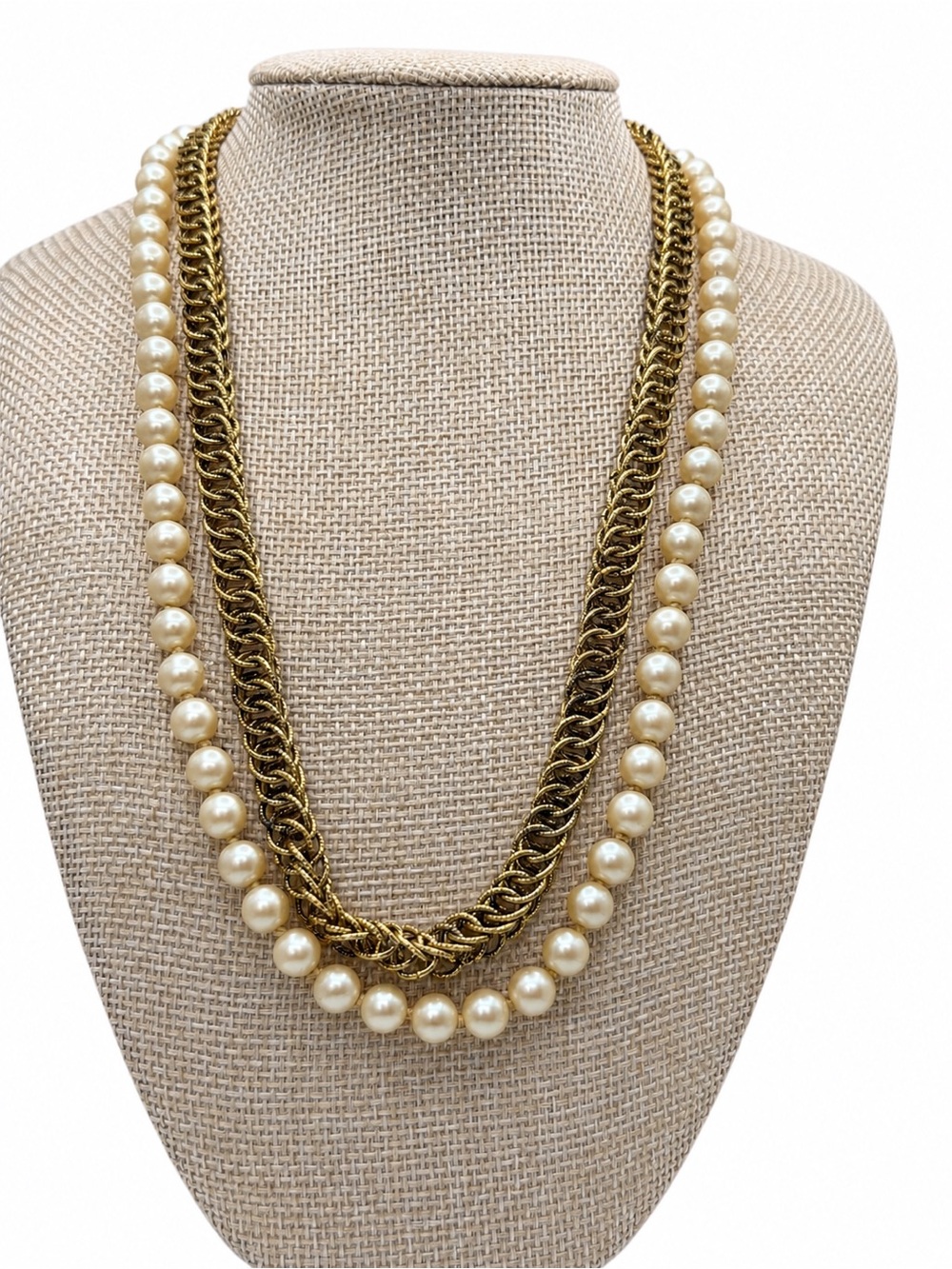 Vintage Gold Tone Woven Chain & Faux Pearl Necklace | Double Strand Statement Ne